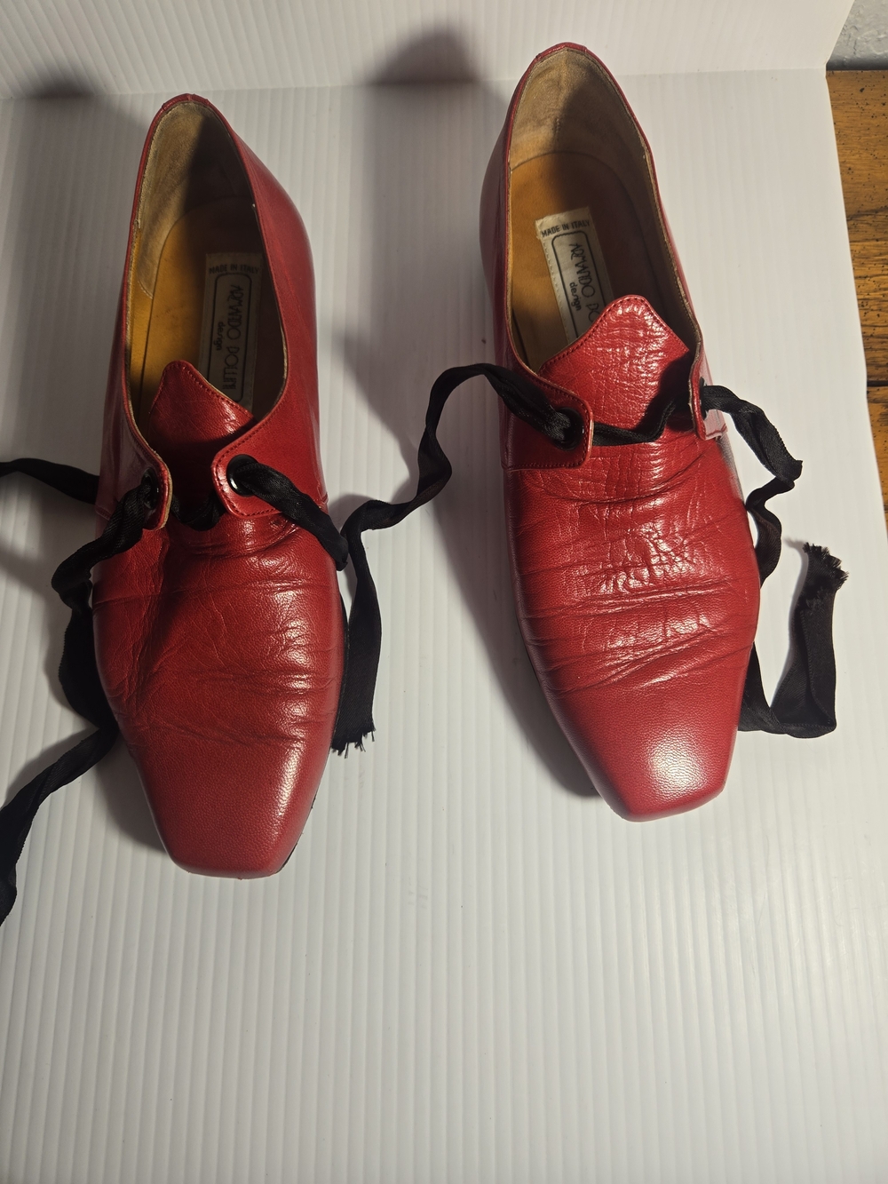 Pollini Red Leather Pointed Flats with Black Ribbon Laces